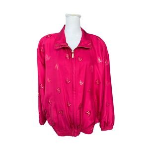 Abvien Vintage 100% Silk Butterfly Jacquard Bomber Jacket Pink XL Womens Zip‎ Up
